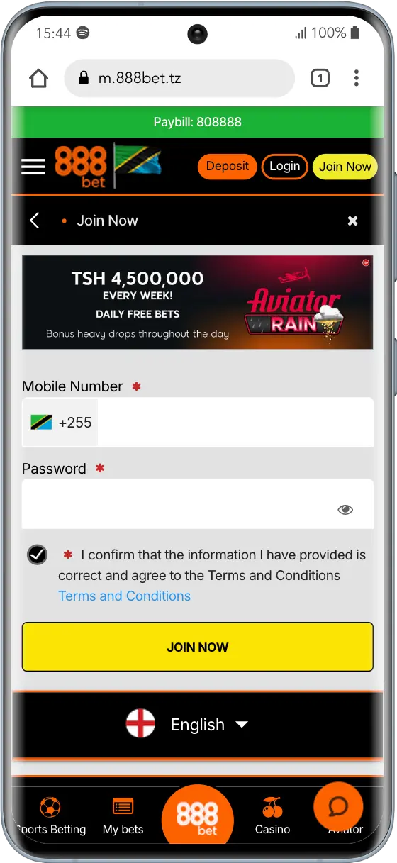 888bet registration step 2: sign up code