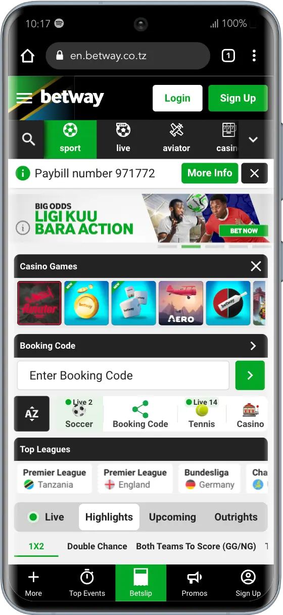 Betway sign up step 1: homepage