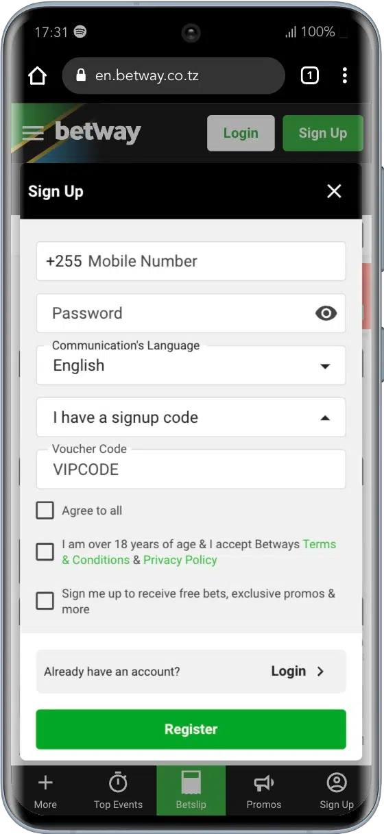 Betway sign up step 2: sign up form