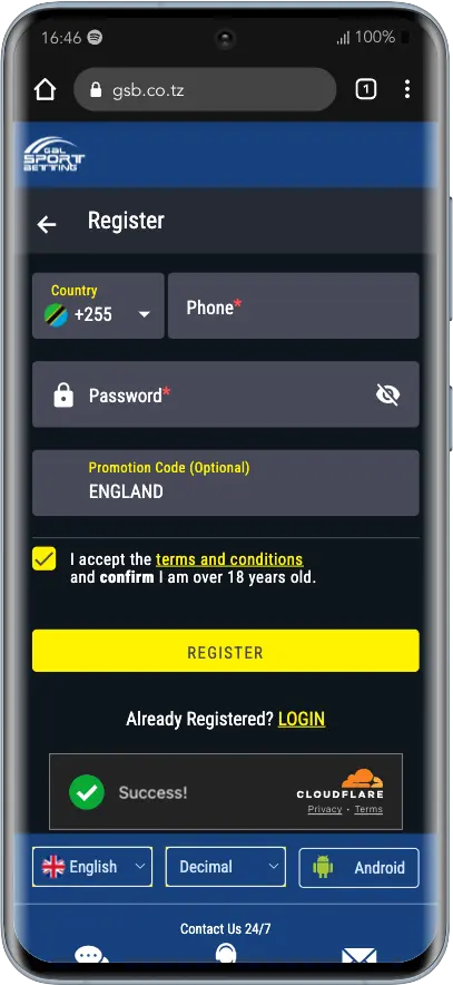 Gal Sport Betting registration form with promo code ENGLAND