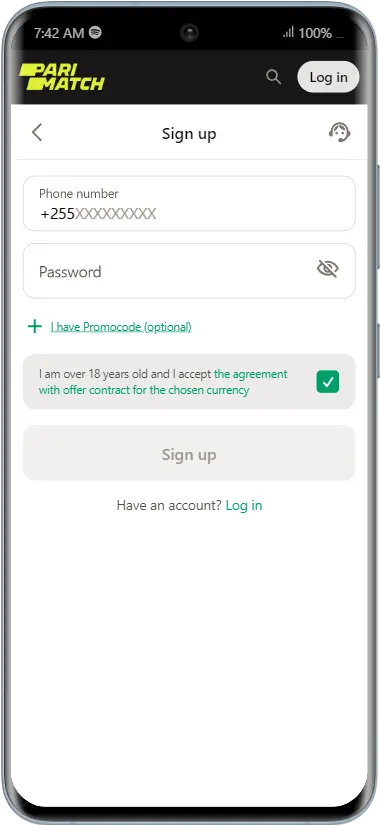 parimatch registration step 2: sign up form