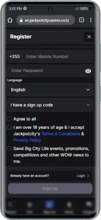 Jackpot City Tanzania sign up form